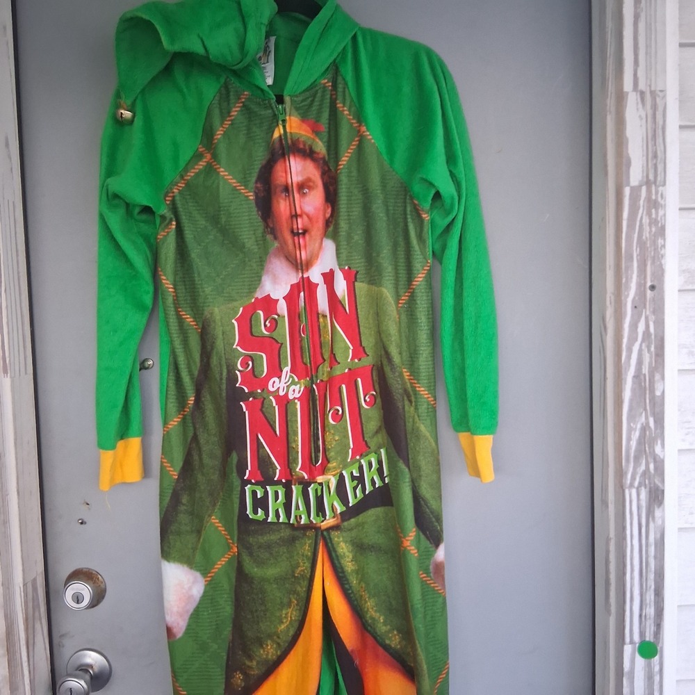Buddy the Elf movie Green Hooded Union Suit Pajamas M Nutcracker Jingle Bell EUC
